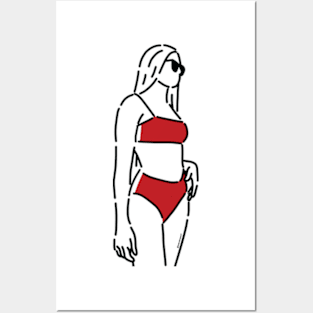 Girl on red swimming suit wearing sunglass Posters and Art